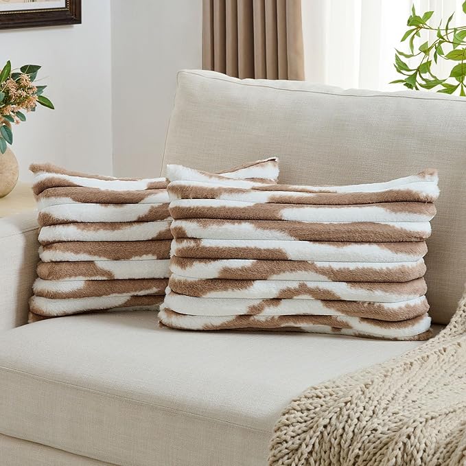 FUTEI Brown Decorative Throw Pillow Covers 12x20 Inch Set of 2, Soft Tie-Dye Faux Rabbit Fur Striped Texture Pillow Case, Modern Home Decor for Couch Bed Living Room