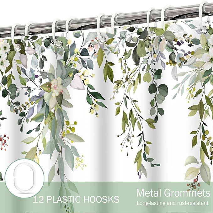 Eucalyptus Shower Curtain, Sage Green Watercolor Leaves with Floral Botanical Bathroom Decor, Waterproof Fabric Bath Curtain Set with Hooks, 72x72 Inches