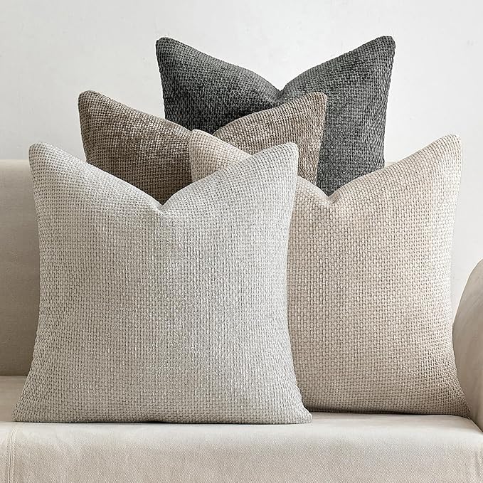 MIULEE Pack of 4 Couch Throw Pillow Covers 26x26 Inch Neutral Soft Decorative Chenille Pillow Covers Farmhouse Boho Accent Cushion Covers for Mid Century Modern Home Decor Sofa Bedroom Living Room
