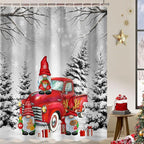 Farmhouse Christmas Shower Curtain, Farm Red Xmas Truck Christmas Tree Cute Gnome Winter Forest Shower Curtains Set, Holiday Bathroom Decor Fabric Machine Washable with Hooks, 72 x 72 Inches