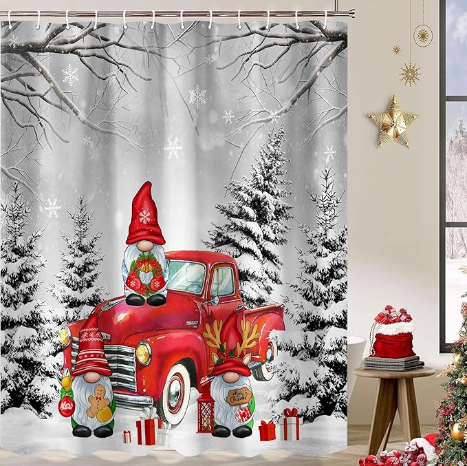 Farmhouse Christmas Shower Curtain, Farm Red Xmas Truck Christmas Tree Cute Gnome Winter Forest Shower Curtains Set, Holiday Bathroom Decor Fabric Machine Washable with Hooks, 72 x 72 Inches