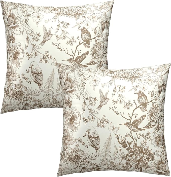 Brown White Flowers Pillow Covers 20x20 Inch, Set of 2 Vintage Floral Chinoiserie Style Decorative Throw Pillowcases Square Cushion Cover for Couch Sofa Bed Farmhouse Home Decor