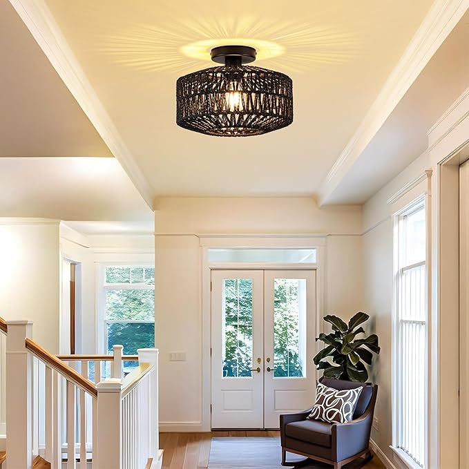 MAYNA Boho Ceiling Light Fixture, Black Rattan Light Fixtures Ceiling Mount,Mini Hand Woven Rattan Chandelier Light Fixtures for Bedroom Kitchen Entryway Living Room Hallway, Bulb NOT Included