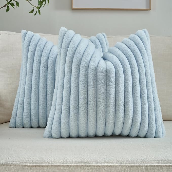 FUTEI Light Blue Striped Decorative Throw Pillow Covers 22x22 Inch Set of 2,Square Winter Decorations Couch Pillow Case,Soft Cozy Faux Rabbit Fur & Velvet Back,Modern Home Decor for Bed