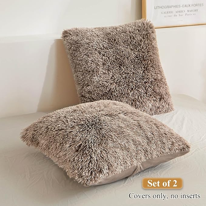 XeGe 2 Pieces Faux Fur Throw Pillow Covers, Shaggy Fluffy Cushion Covers, Cute Fuzzy Decorative Pillow Covers, Plush Furry Velvet Pillowcases for Bed Couch Living Room (18''x18'', Khaki Ombre)