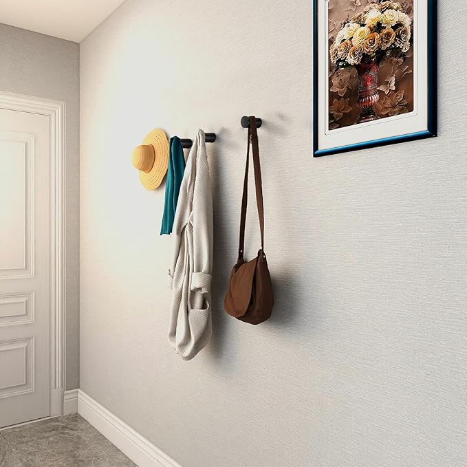 Wood Wall Hooks, 4 Pack Black Decorative Coat Hooks Wall Mounted, Heavy Duty Entryway Hat Hooks Wall Hangers for Hanging Purse, Towels, Clothes, Backpack
