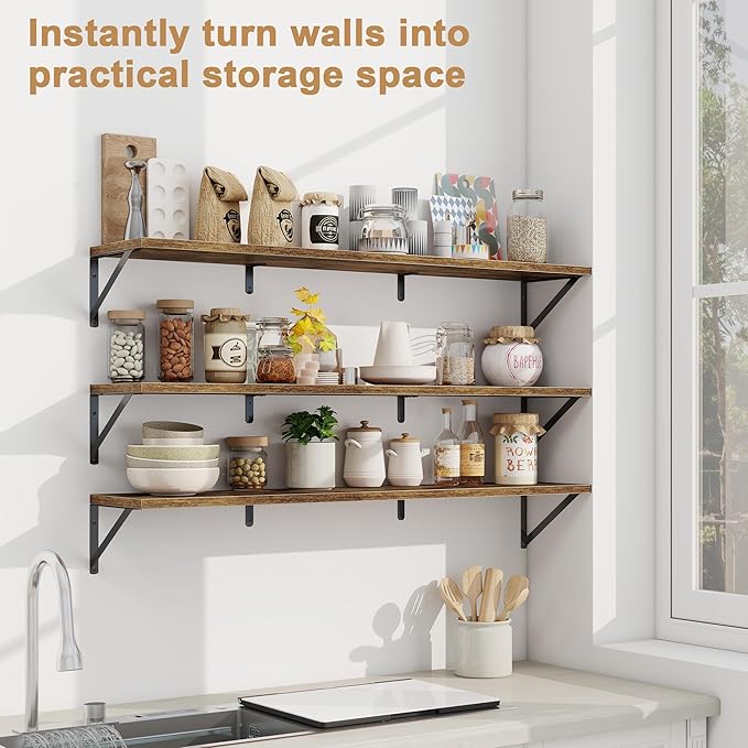 Fun Memories Extra Long Floating Wall Shelves, 48 x 8 Inches, Set of 3 Large Wood Floating Bookshelves with Metal Brackets for Storage & Display (Rustic Brown)