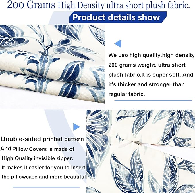 Decorative Throw Pillow Covers Set of 2 Blue Leaves Pillow Covers 20x20 inch Super Soft Short Plush Square Floral Throw Pillows,Farmhouse Outdoor Pillow Covers for Couch Bed Living Room