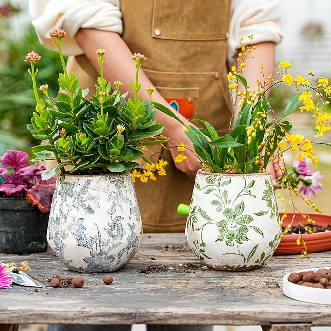 Sungmor Vintage Ceramic Planter Set of 3 - Decorative Indoor & Outdoor Flower Pots with Drainage Holes - Tuscan Décor Pots, 5.7" Ice Crackle Glaze Planters for Home, Kitchen, Patio, and Garden