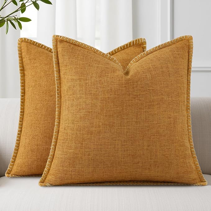 decorUhome Decorative Outdoor Throw Pillow Covers 24x24 Set of 2, Square Linen Rustic Neutral Farmhouse Euro Pillow Covers with Stitched Edge for Couch, Sofa, Living Room, Bronze Gold
