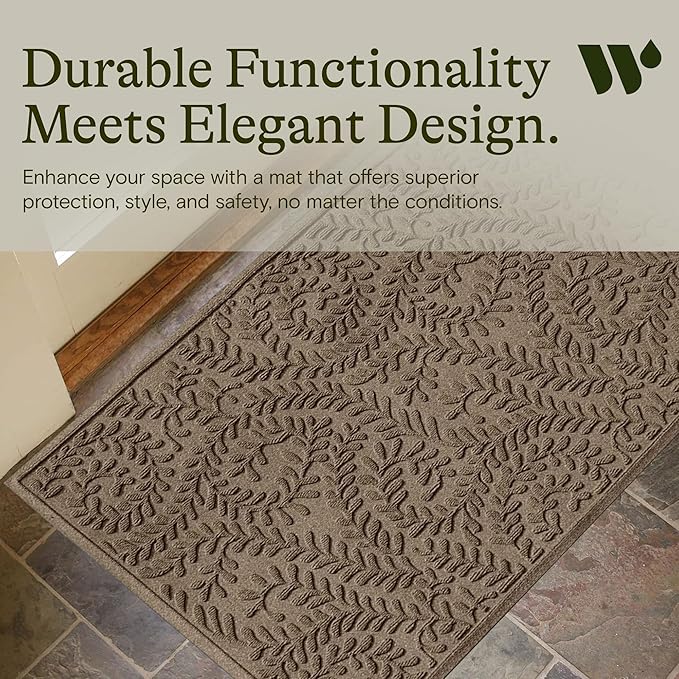 WaterHog Indoor/Outdoor Use Door Mat, 3' x 5', Made in USA, Welcome Mat for Front Door, Durable, Water-Trapping Floor Rug, Decorative, Skid-Resistant Entryway, Boxwood Collection, Khaki/Camel