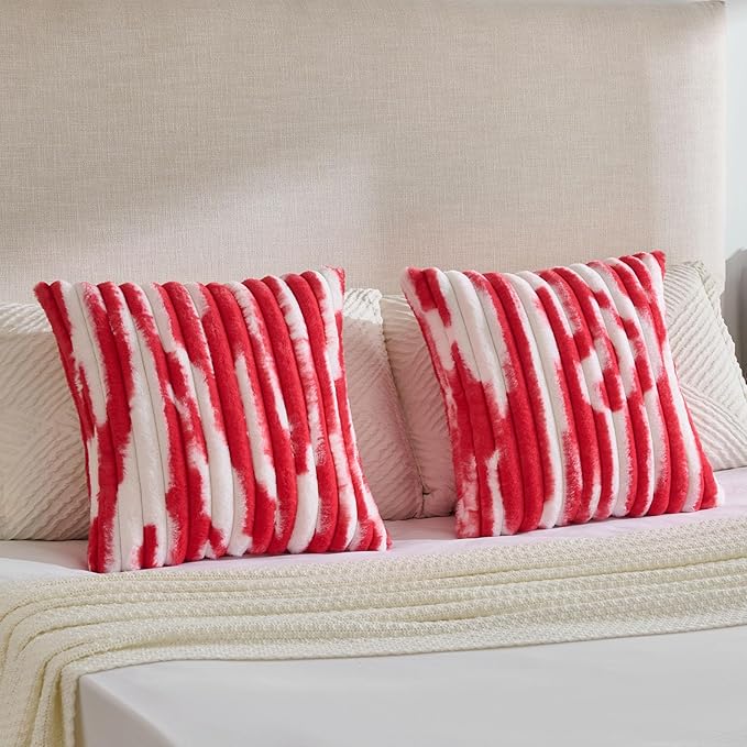 FUTEI Red Decorative Throw Pillow Covers 26x26 Inch Set of 2, Soft Tie-Dye Faux Rabbit Fur Striped Texture Euro Pillow Sham, Modern Home Decor for Couch Bed Living Room