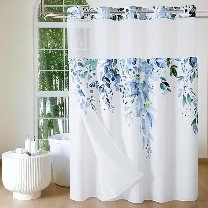 QiyI No Hook Shower Curtain with Snap in Fabric Liner, Blue Eucalyptus Shower Curtain with See Through Top Window, Waterproof Washable Cloth Ringless Shower Curtain Set for Bathroom, 72 x 75