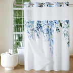 QiyI No Hook Shower Curtain with Snap in Fabric Liner, Blue Eucalyptus Shower Curtain with See Through Top Window, Waterproof Washable Cloth Ringless Shower Curtain Set for Bathroom, 72 x 81