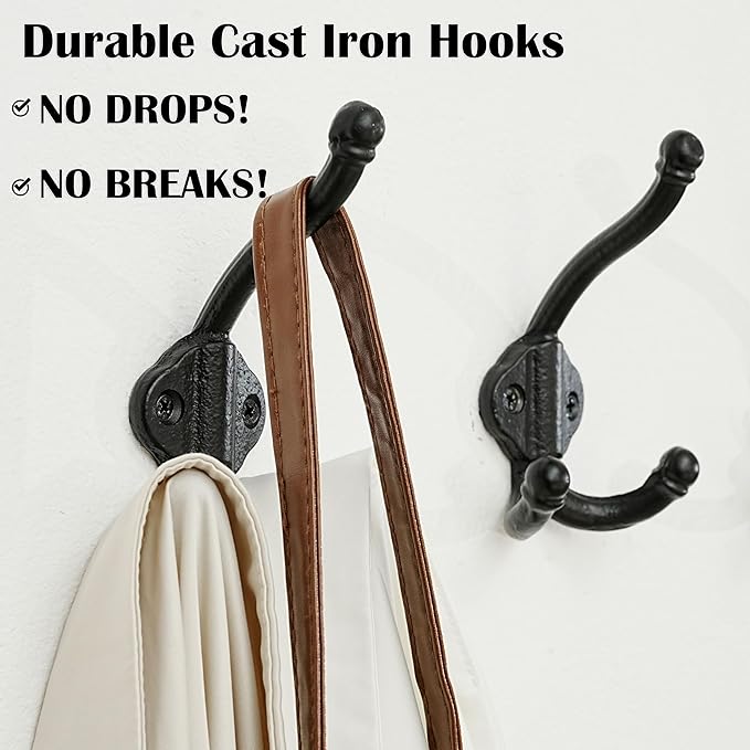 SKOLOO Heavy Duty Black Wall Hooks, Farmhouse Style Cast Iron Hooks, Pack of 5, Ideal for Backpack, Coat, and Towel Hooks - Perfect for Entryway, Mud Room, Closet and Bathroom Storage
