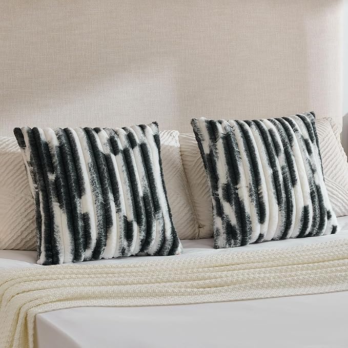 FUTEI Black Decorative Throw Pillow Covers 18x18 Inch Set of 2, Soft Tie-Dye Faux Rabbit Fur Striped Texture Cushion Case, Modern Home Decor for Couch Bed Living Room