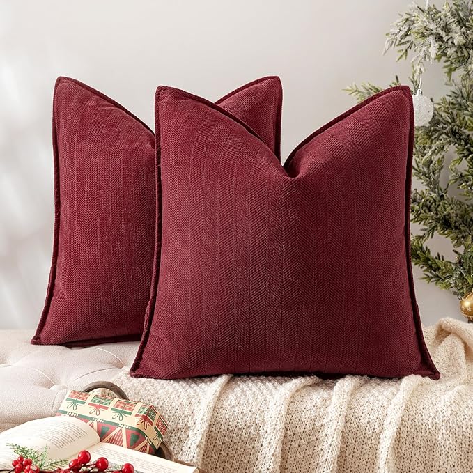 MIULEE Pack of 2 Christmas Burgundy Decorative Pillow Covers 16x16 Inch Soft Chenille Luxurious Couch Throw Pillows Farmhouse Cushion Covers with Elegant Design for Sofa Bedroom Living Room Decor