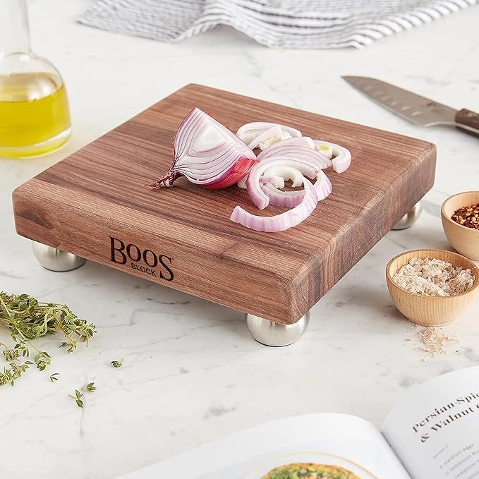 John Boos B Series Square Wooden Walnut Cutting Board 12”x12” – 1.5” Thick, 5-lb Non-Reversible Butcher Block with Stainless Steel Bun Feet & Edge-Grain