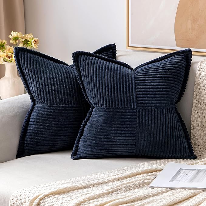 MIULEE Navy Blue Corduroy Decorative Euro Sham Pillow Covers 24x24 Inch with Splicing Set of 2 Soft Boho Pillow Covers Broadside Textured Summer Coastal Pillowcases for Couch Bed Livingroom