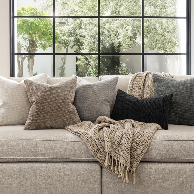 MIULEE Pack of 2 Couch Throw Pillow Covers 18x18 Inch Neutral Khaki Modern Boho Accent Decorative Pillow Covers Soft Chenille Farmhouse Cushion Covers for Home Decor Bed Sofa Living Room