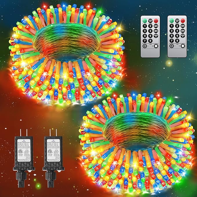 Total 250FT 760 LED String Lights Indoor Outdoor Clear Wire, 2 Packs 380 LED Christmas Lights for Bedroom, Timer & Memory, Plug in Fairy Lights for Tree Outside Xmas Holiday Decorations, Multicolor