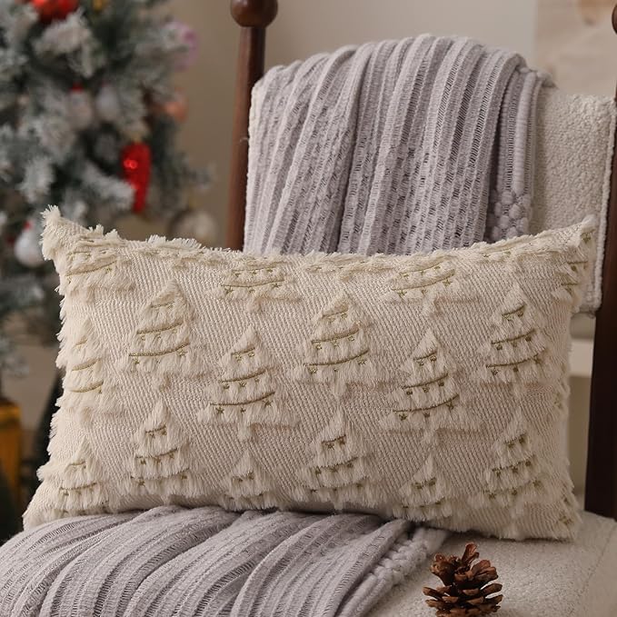 Christmas Pillow Covers 12x20 inch Set of 2 Soft Plush Faux Fur Christmas Decor Beige Xmax Tree Yellow Colored Lights Decoration Throw Pillow Case for Winter Holiday Sofa Living Room PT003C12
