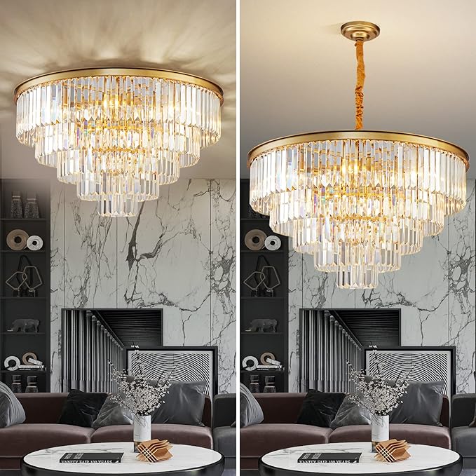 Gold Modern Crystal Chandelier, 5-Tier Round Flush Mount Ceiling Light Fixtures Height Adjustable Pendant Lighting for Dining Room Living Room Bedroom Kitchen Hotel Foyer