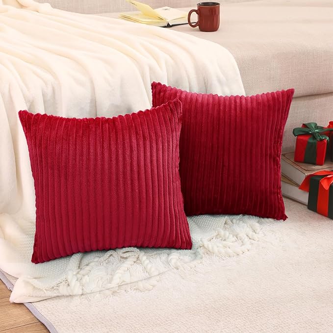 Simmore Decorative Throw Pillow Covers 18x18 Set of 2, Soft Natural Plush Flannel Double-Sided Fluffy Couch Pillow Covers for Sofa Living Room, Red
