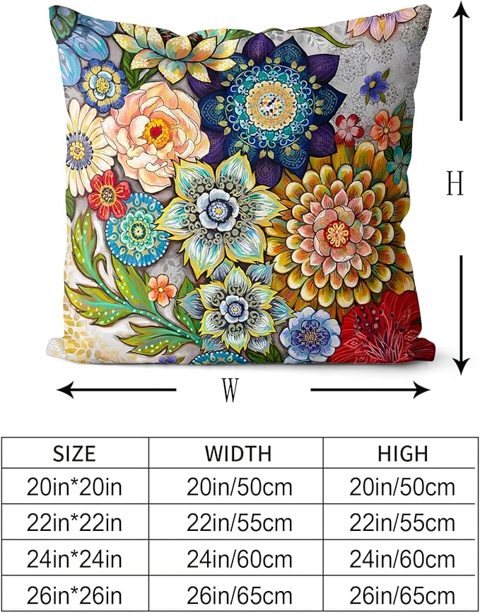 Snycler Boho Floral Throw Pillow Covers Set of 2 Colorful Boho Flower Decorative Cushions Pillowcase for Bedroom Sofa Home Decor, 24x24 Inch, Velvet, Short Plush
