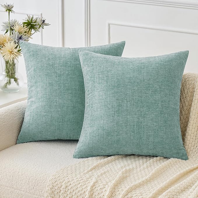 MIULEE Pack of 2 Couch Throw Pillow Covers 16x16 Inch Soft Aqua Green Chenille Pillow Covers for Sofa Living Room Solid Dyed Pillow Cases