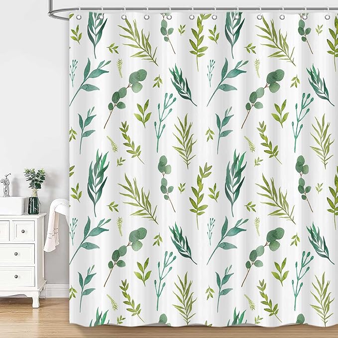 Green Leaves Shower Curtain, Watercolor Plant Floral Eucalyptus Leaf Bathroom Shower Curtain Sets, Botanical Decor Rustic Nature Art Boho Fabric Bath Curtain with Hooks 72x72 Inch