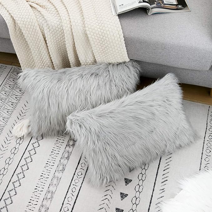 WLNUI Set of 2 Light Grey Christmas Decorative Lumbar Pillow Covers New Luxury Series Merino Style Faux Fur Fluffy Throw Pillow Covers Fuzzy Cushion Case for Sofa Bedroom Home Decor 12x20 Inch