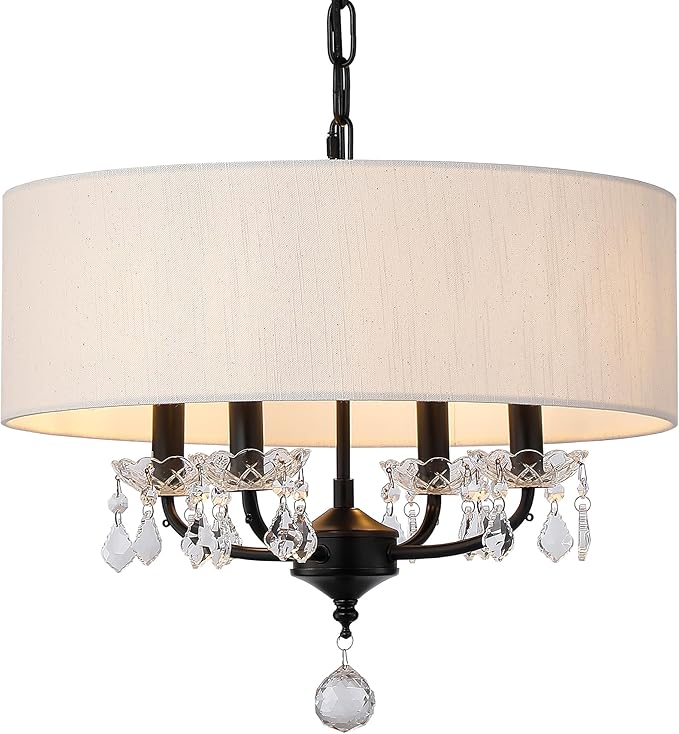 Black Drum Chandelier Modern Crystal Chandelier 4-Lights Drum Shade Beige Linen 17.75“ Chandelier Light Fixture for Bedroom,Dining Room,Living Room,Kitchen Island, E12,Chain Adjustable