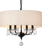 Black Drum Chandelier Modern Crystal Chandelier 4-Lights Drum Shade Beige Linen 17.75“ Chandelier Light Fixture for Bedroom,Dining Room,Living Room,Kitchen Island, E12,Chain Adjustable