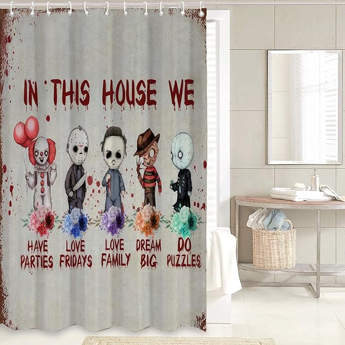 Halloween Horror Bathroom Decor Set with Creepy Cartoon Shower Curtain and Mats, 4-Piece Scary Bathroom Sets, Waterproof Curtain with Hooks, Non-Slip Rug Set for Spooky Decor