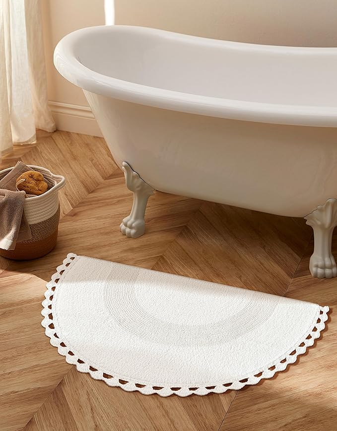 Savi Home Half Circle Bohemian Bathroom Rug with Handwoven Chrochet Border, Beautifully Handcrafted 100% Cotton Mat - 22x42, Half Round Boho Bedroom Rug, Boho Bathroom Décor, Machine Washable - White