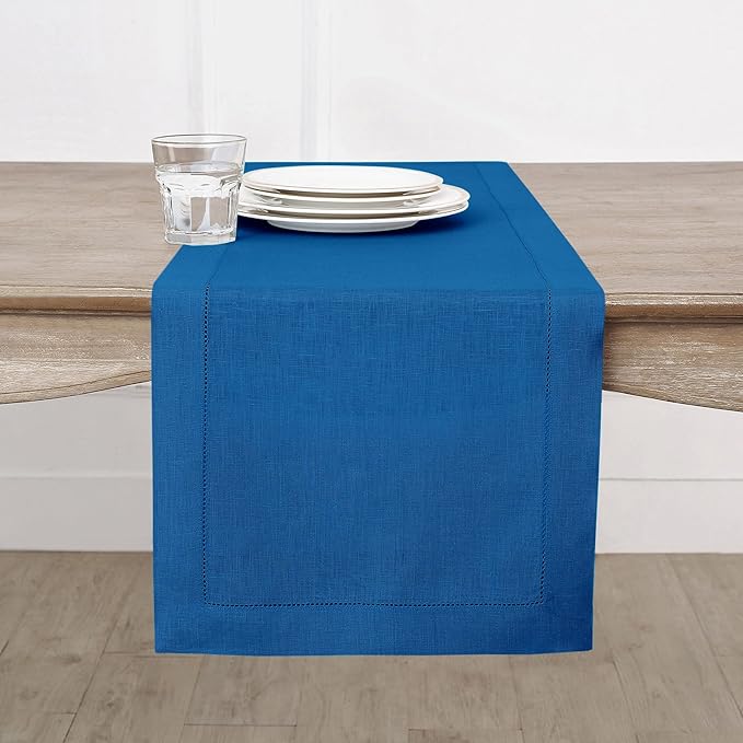 Solino Home Linen Table Runner 108 Inches Long - 100% Pure Linen Indigo Blue Table Runner 14 x 108 Inch for Fall, Autumn, Christmas - Classic Hemstitch