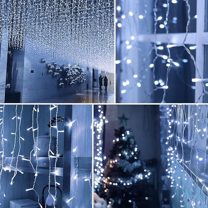 32.8ft 400 LED Icicle String Lights, 8 Modes Waterproof Icicle Christmas Lights Outdoor with Memory Function, Curtain Fairy Lights Hanging Decor for Home, Party, Christmas & Halloween (Cool White)