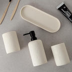 Bathroom Accessories Set, 4 Piece Travertine Stone Look Collection, Modern Bath Organizer with Soap Dispenser, Toothbrush Holder, Tumbler, Vanity Tray for Countertop Kitchen Sink (Off White)