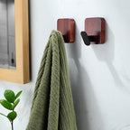 DELITON Acacia Wooden Towel Hooks Red Brown, 4 Pack Sticky Hooks for Hanging Towels, Coat, Hat, Robe, Heavy Duty, No Damage