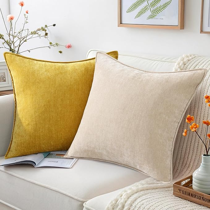 decorUhome Couch Throw Pillow Covers 18x18 Set of 2, Decorative Soft Euro Neutral Chenille Pillow Covers with Elegant Design for Sofa Bed Living Room Home Decor, Mineral Yellow