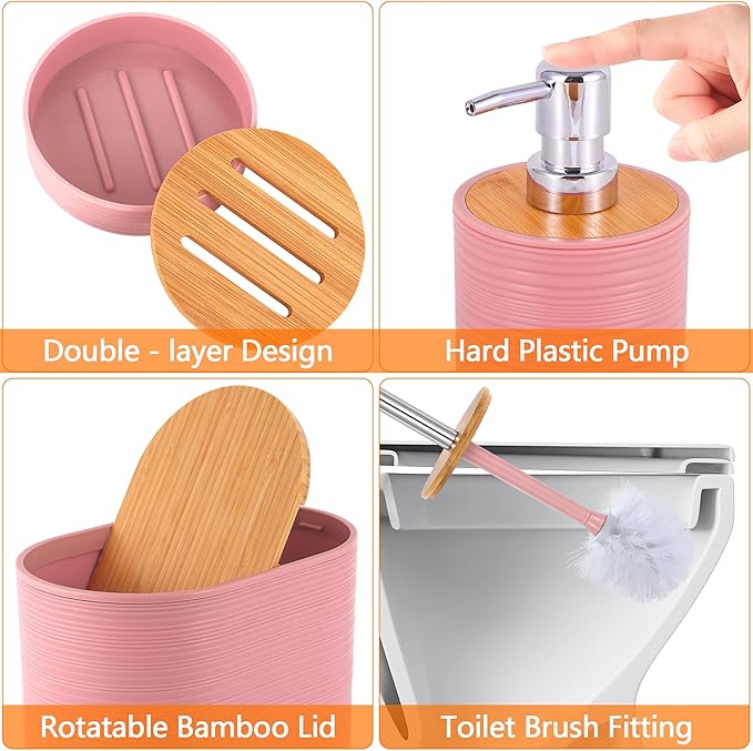Bathroom Accessory Set,10 PCS Pink Bathroom Accessories Set with Trash Can, Toothbrush Holder, Soap Dispenser, Toothbrush Cup, Vanity Tray, Soap Dish, Toilet Brush, Qtip Holders