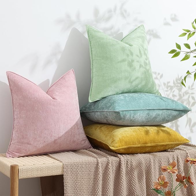 decorUhome Couch Throw Pillow Covers 18x18 Set of 2, Decorative Soft Euro Neutral Chenille Pillow Covers with Elegant Design for Sofa Bed Living Room Home Decor, Aqua Haze