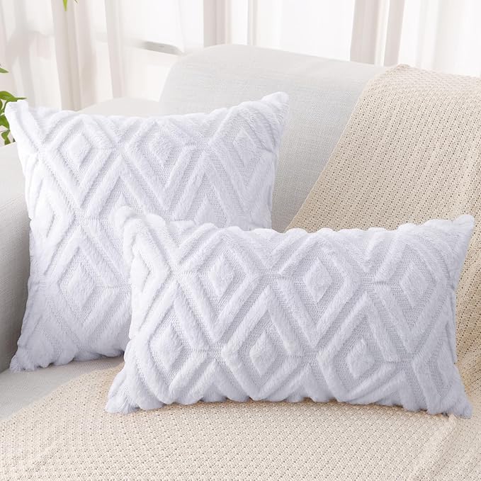 Pallene Pure White Throw Pillow Covers 20x20 Set of 2, Soft Plush Faux Fur Decorative Couch Pillow Covers for Sofa Bed Living Room Pillow Cases with 3D Diamond Pattern