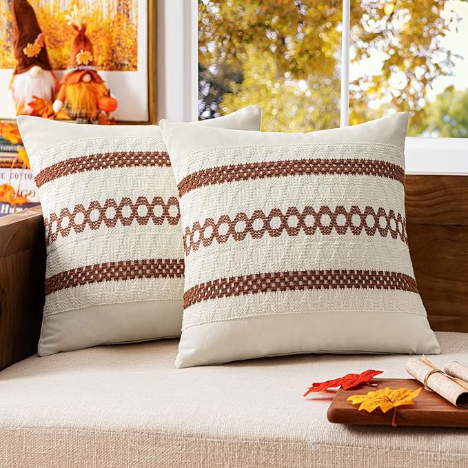 MIULEE Set of 2 Rust Fall Decorative Pillow Covers 20x20 Inch Farmhouse Rustic Boho Couch Throw Pillows Modern Cotton Cushion Covers Retro Cute Macrame Woven Home Decor for Bed Sofa Chair