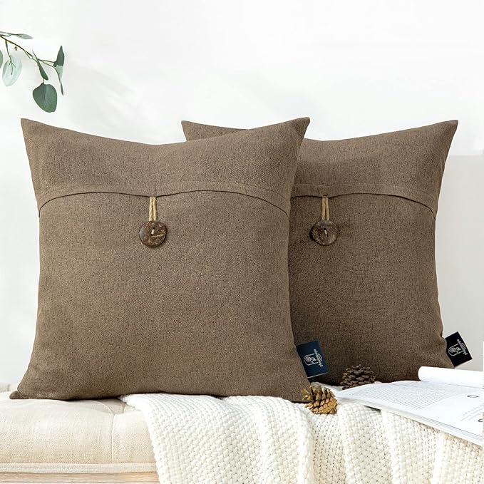 Phantoscope Pack of 2 Farmhouse Throw Pillow Covers Premium Coconut Button Vintage Linen Solid Decorative Pillow Cover for Couch Bed and Chair Coffee 18 x 18 inches 45 x 45 cm