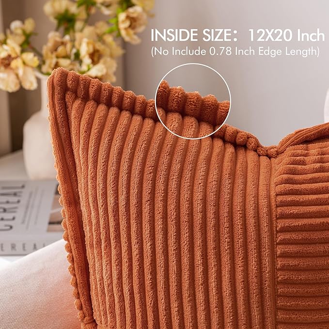 MIULEE Rust Fall Decorative Lumbar Throw Pillow Covers for Couch Bed Livingroom 12x20 Inch Set of 2 Boho Accent Throw Pllows Broadside Striped Patchwork Soft Corduroy Pillowcases