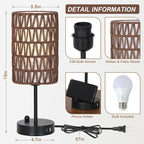 Bedside Lamps Set of 2, Touch Control Night Stand Lamp for Bedroom with Rattan & Linen Shade & Bulbs, 3 Way Dimmable Small Boho Table Lamps with USB Charging Port & Phone Stand (Coffee Color)