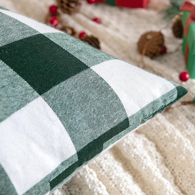MIULEE Christmas Pack of 2 Buffalo Check Plaids Porch Throw Pillow Covers Classic Retro Farmhouse Cushion Case Soft Square Pillowcases for Home Decor Sofa Bedroom Couch 12 x 20 Inch Green and White