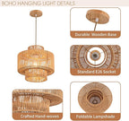Rattan Pendant Light Fixture Boho Hanging Light Woven Rattan Ceiling Light Adjustable Basket Light Fixture for Kitchen Island Hallway Bedroom Dinning Table Nursery Light
